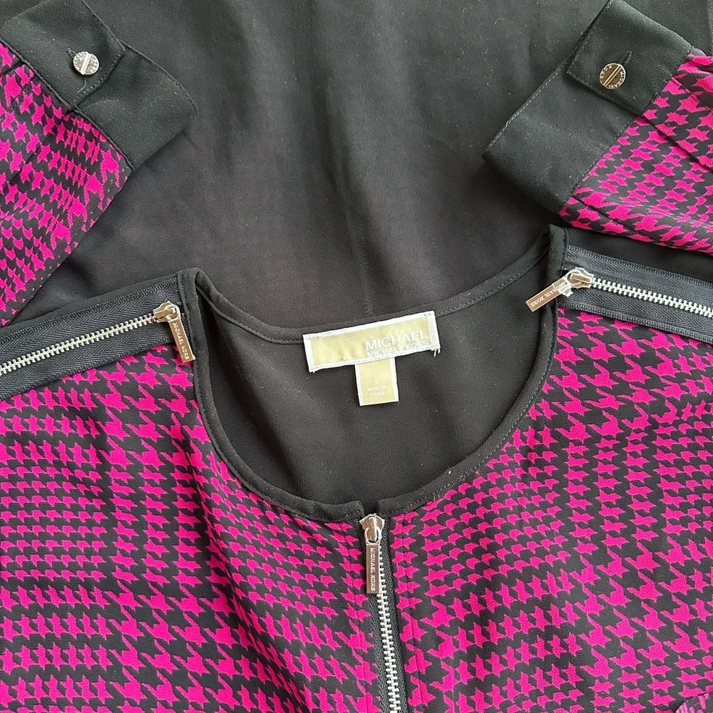 Sultry Edgy Artsy Dark Academia Sheer Houndstooth Raspberry & Black Blouse ~ L